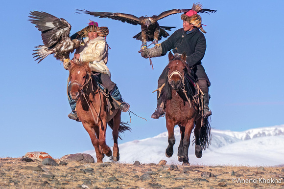 Bekysh and son Esenbol riding in Altai Mountains